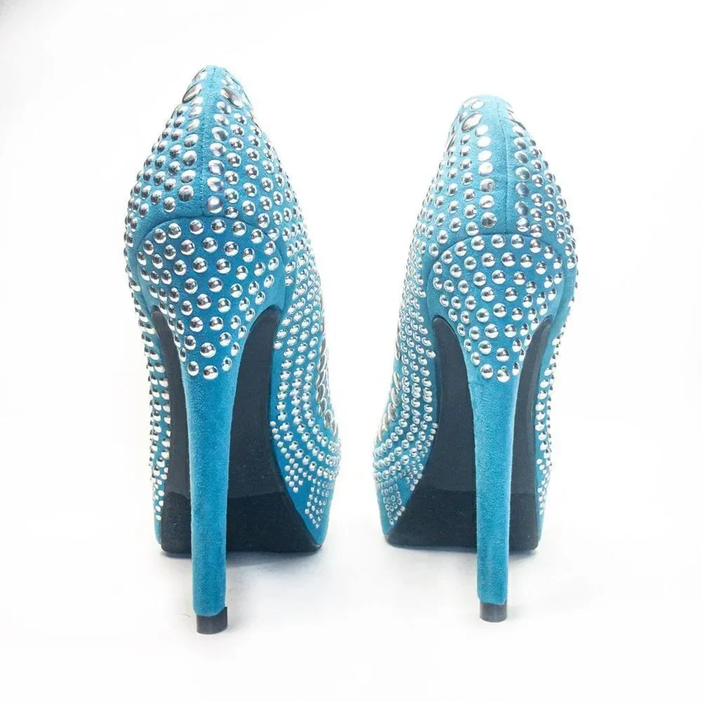 Two Lips Studlee Blue Studded Platform Heels Sz 6.5M